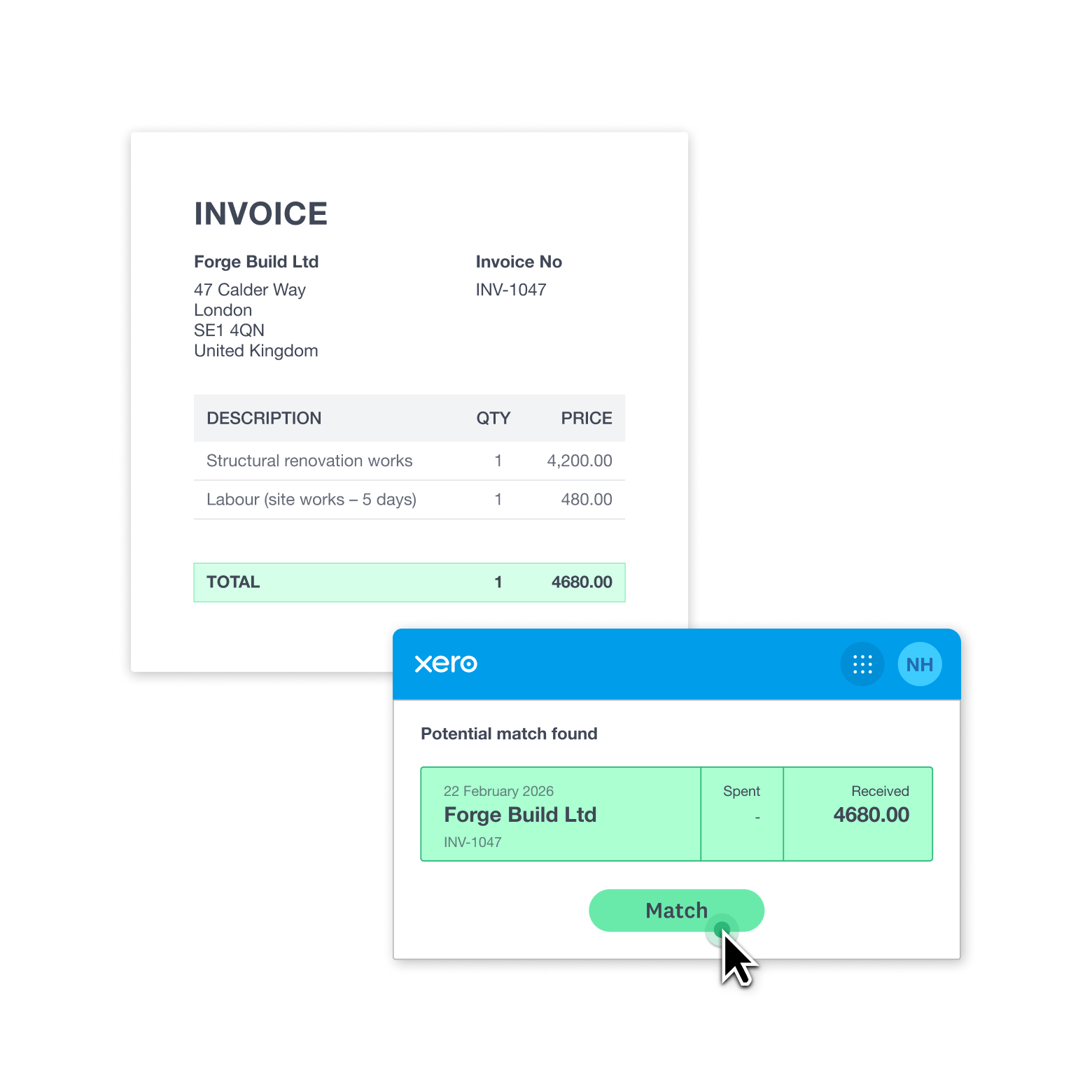 Reconcile a construction invoice in Xero by clicking the Match button for structural renovation works.